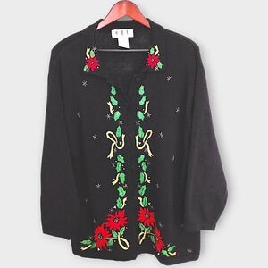 OHI Womens Cardigan Sz 2X Black Red Green Christmas‎ Holiday Sweater Cotton Vtg